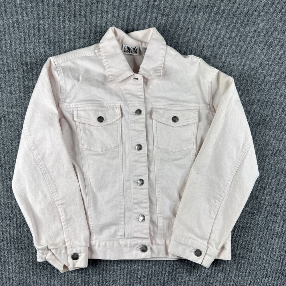 Womens Sz 0 CHICO'S Denim Jacket Pink Jean Button Collared